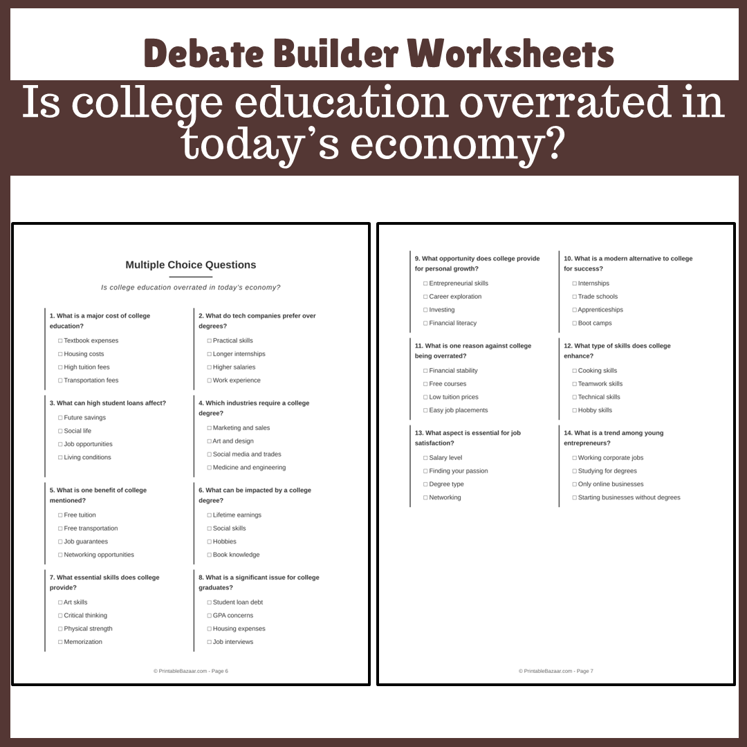 Is college education overrated in today’s economy? | Favour and Against Worksheet Printable Activity