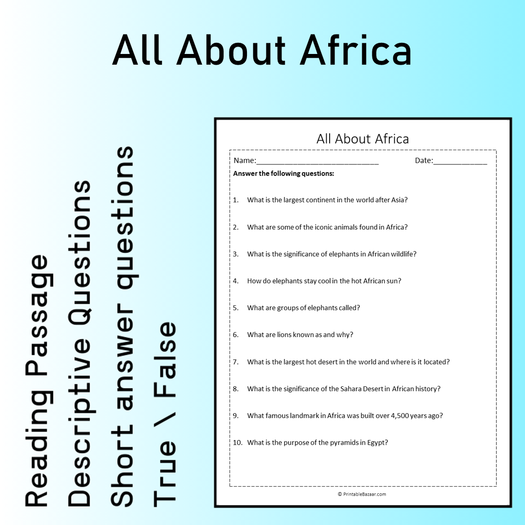 All About Africa | Reading Comprehension Passage Printable Worksheet