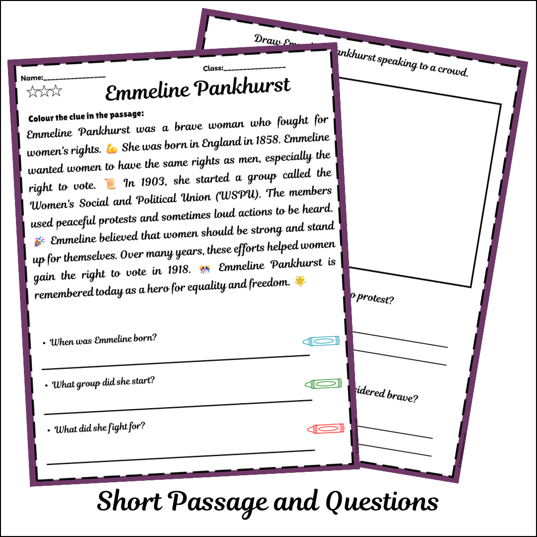 Emmeline Pankhurst | Short Reading Comprehension Creative Worksheet