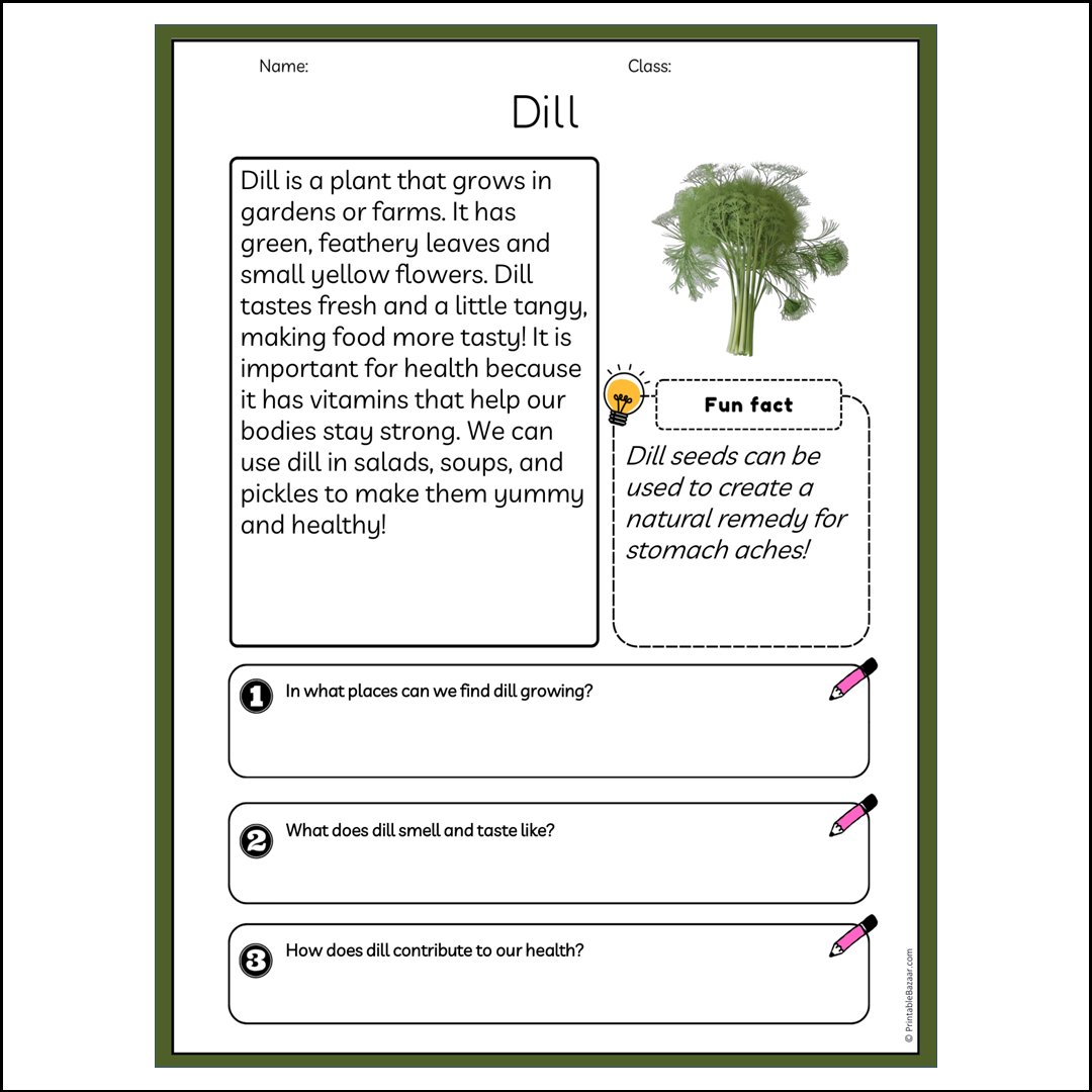 Dill | Reading Passage Comprehension Questions Writing Facts Worksheet