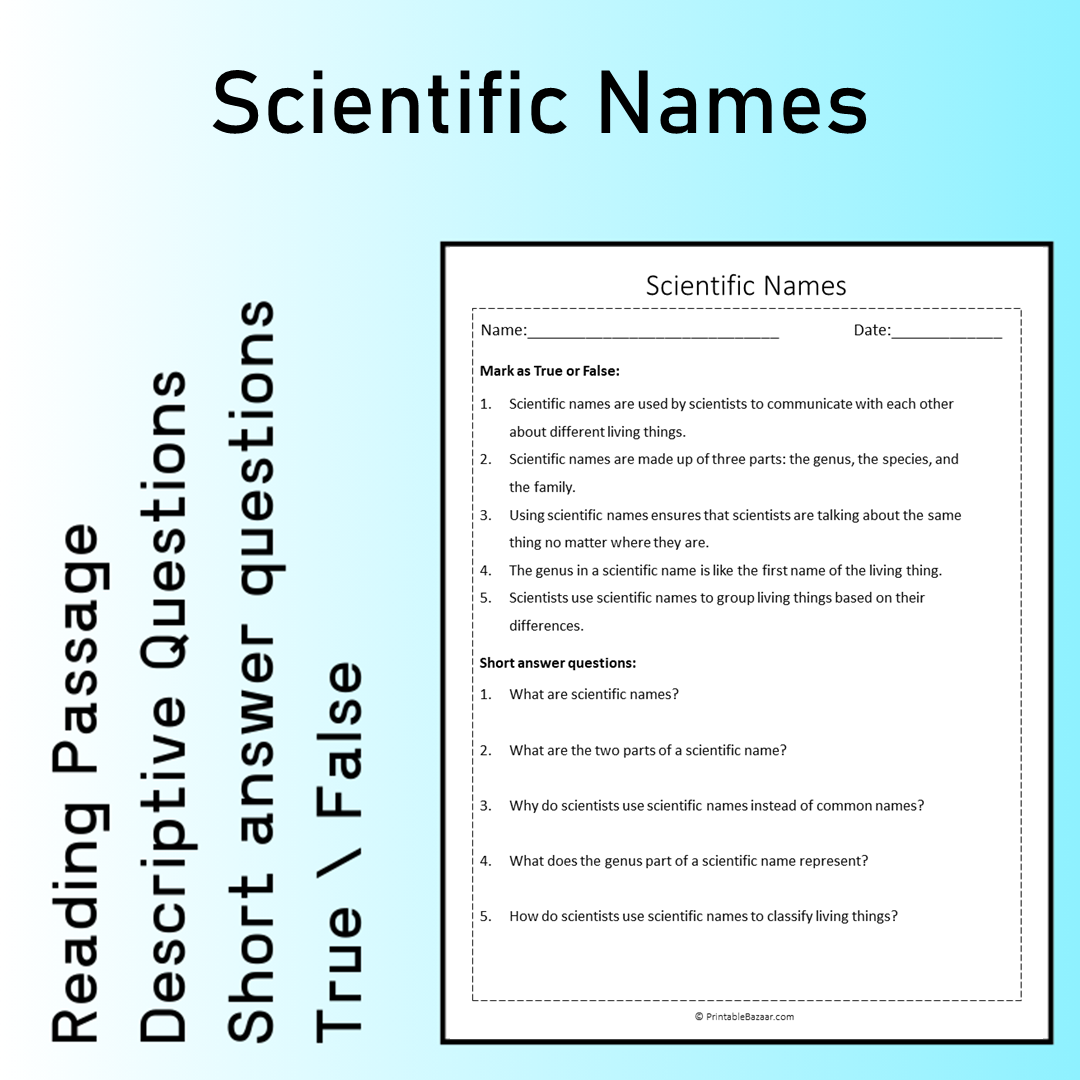 Scientific Names | Reading Comprehension Passage Printable Worksheet