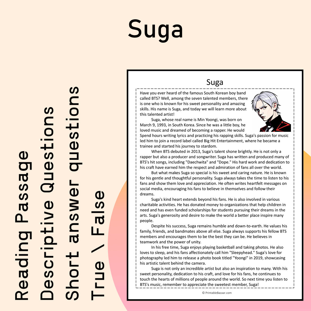Suga | Reading Comprehension Passage Printable Activity