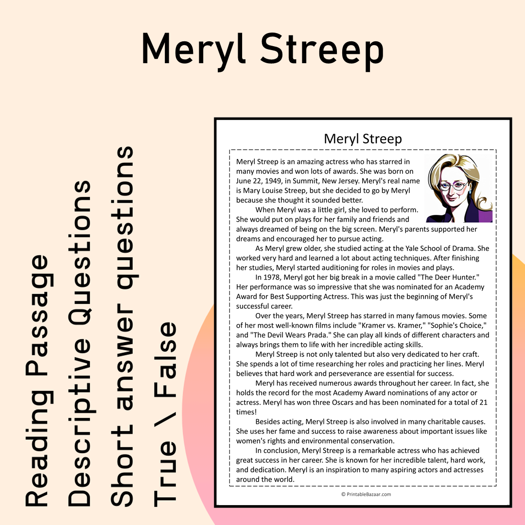Meryl Streep | Reading Comprehension Passage Printable Activity