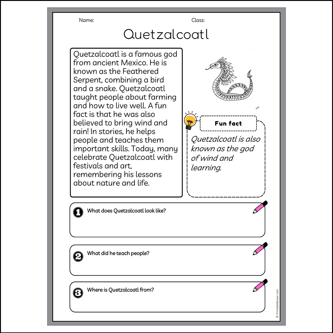Quetzalcoatl | Reading Passage Comprehension Questions Writing Facts Worksheet