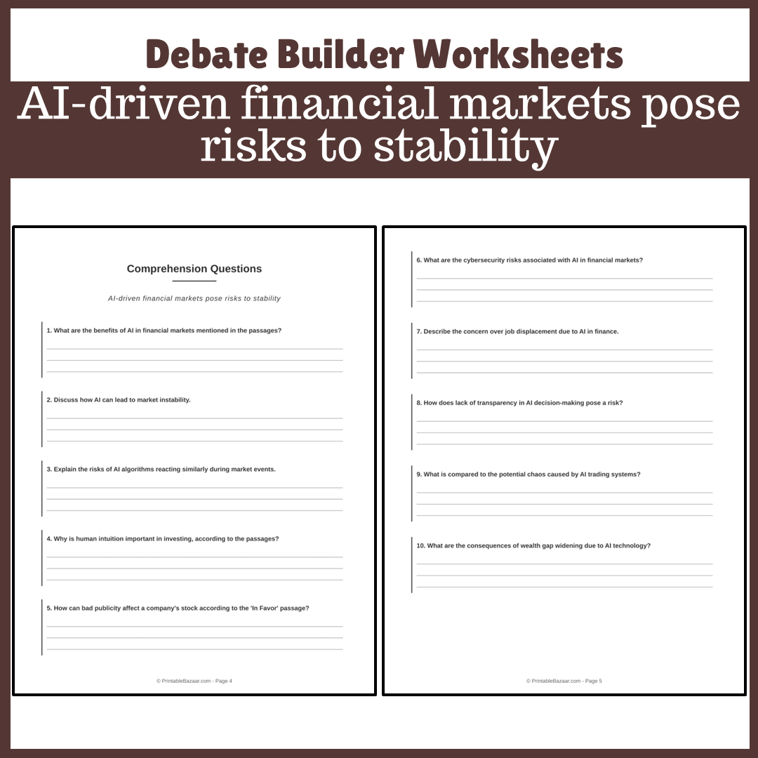 AI-driven financial markets pose risks to stability | Favour and Against Worksheet Printable Activity