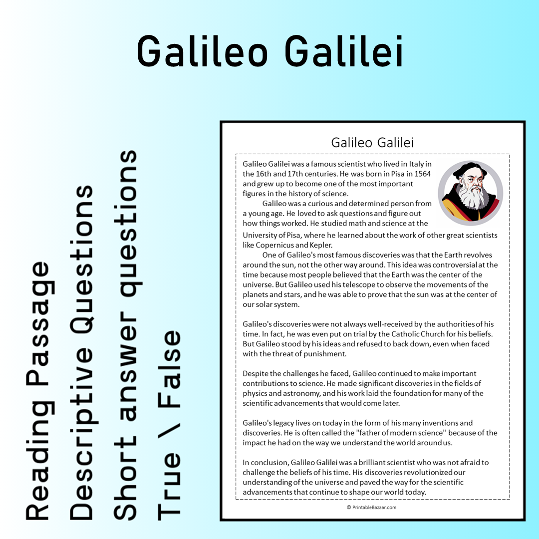 Galileo Galilei | Reading Comprehension Passage Printable Worksheet