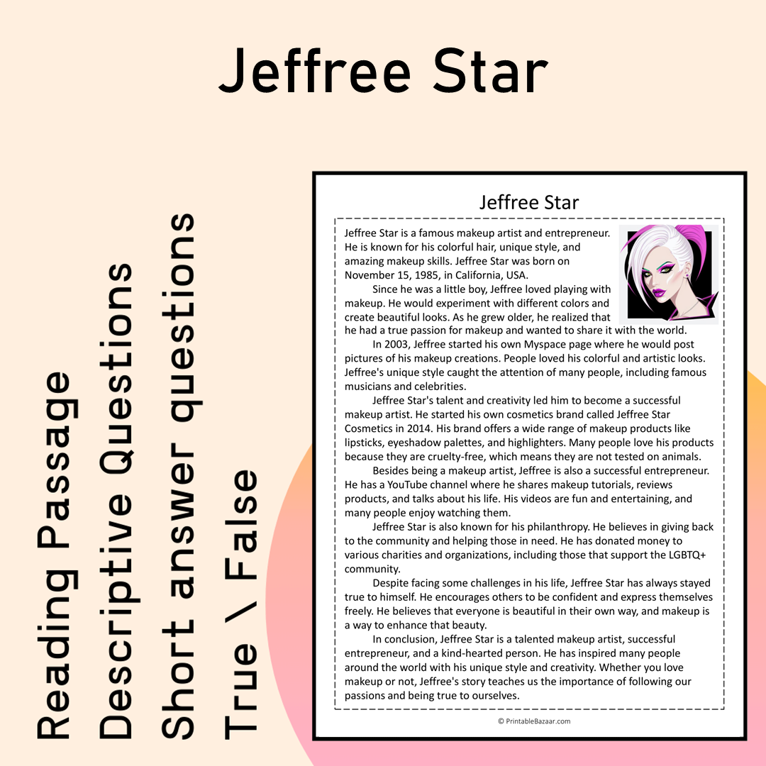 Jeffree Star | Reading Comprehension Passage Printable Activity