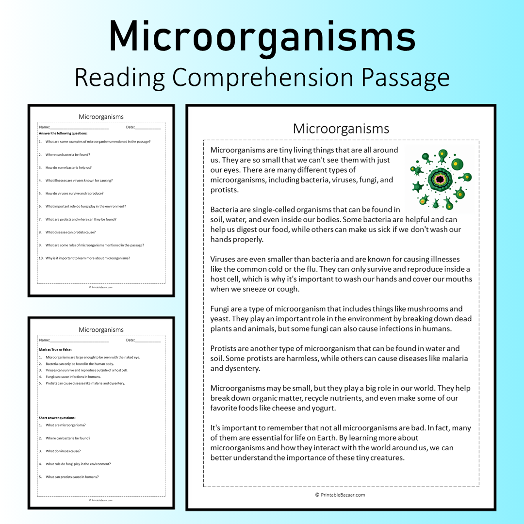 Microorganisms | Reading Comprehension Passage Printable Worksheet