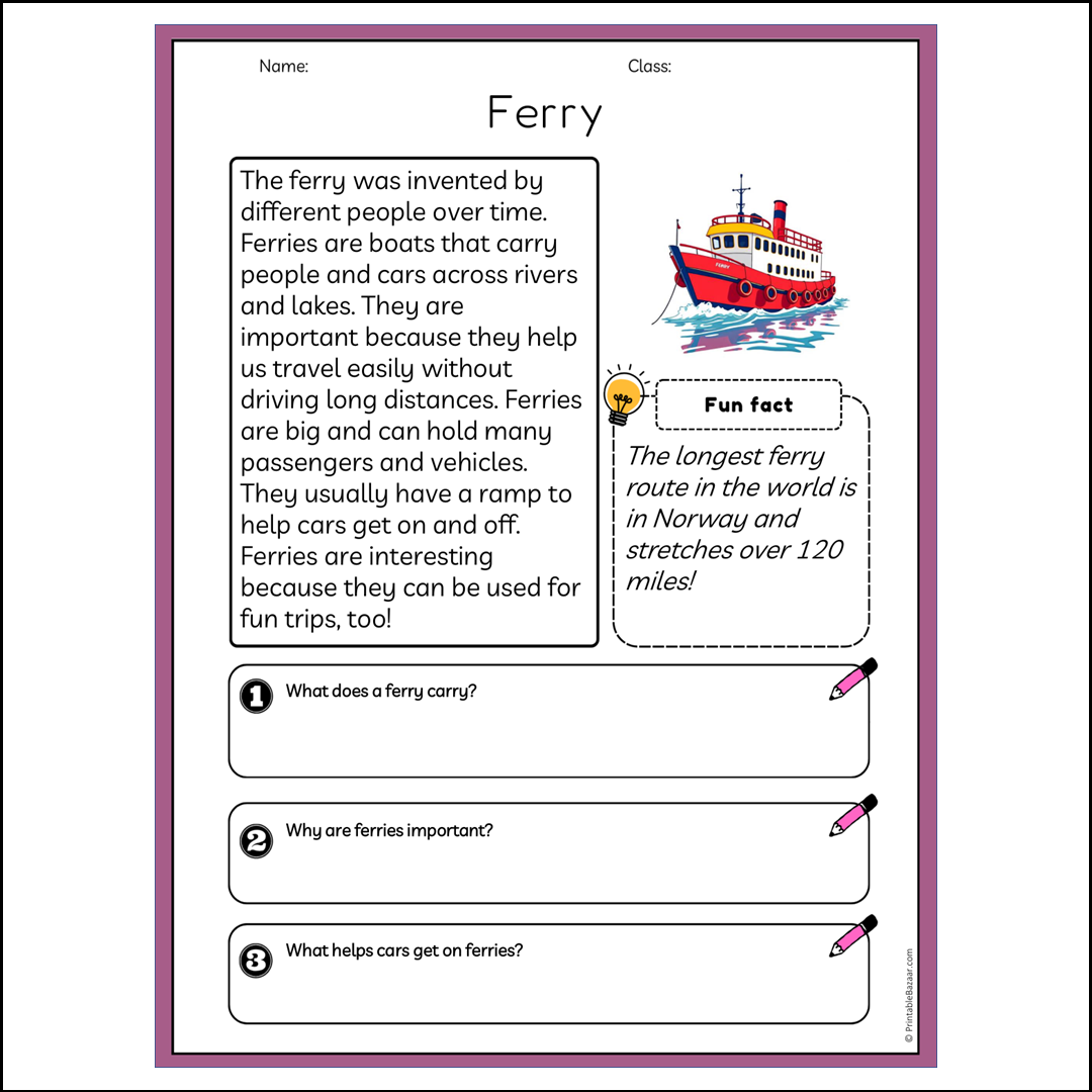 Ferry | Reading Passage Comprehension Questions Writing Facts Worksheet
