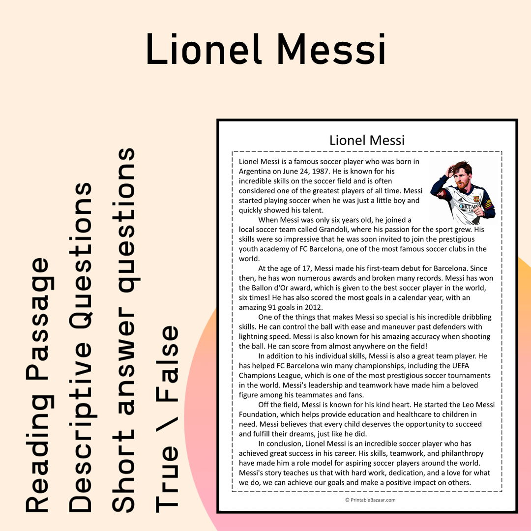 Lionel Messi | Reading Comprehension Passage Printable Activity