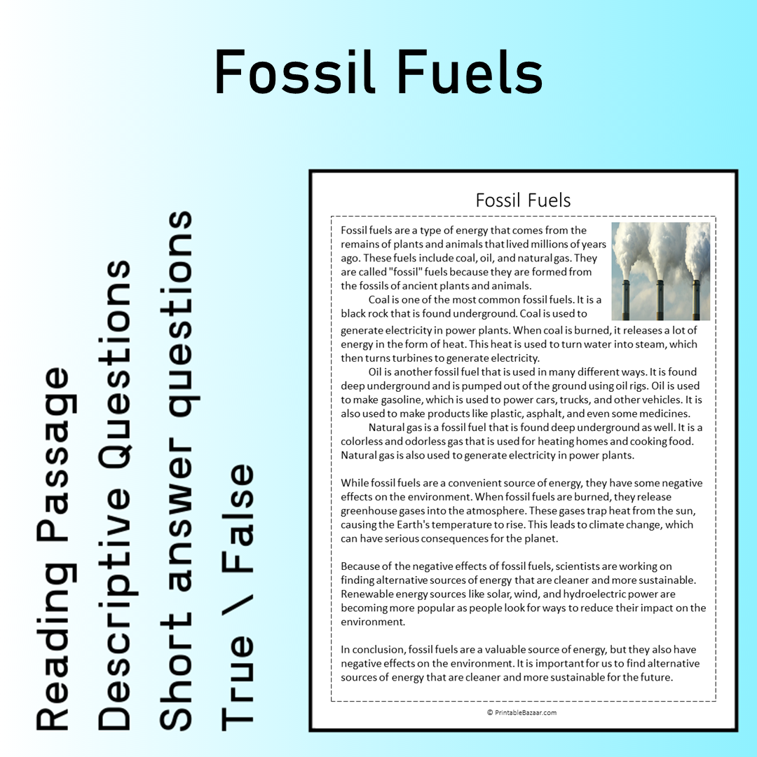 Fossil Fuels | Reading Comprehension Passage Printable Worksheet