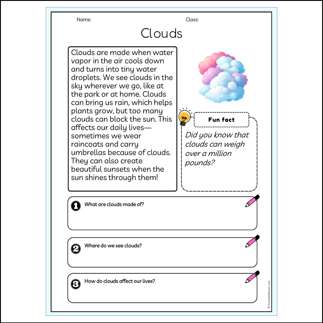 Clouds | Reading Passage Comprehension Questions Writing Facts Worksheet