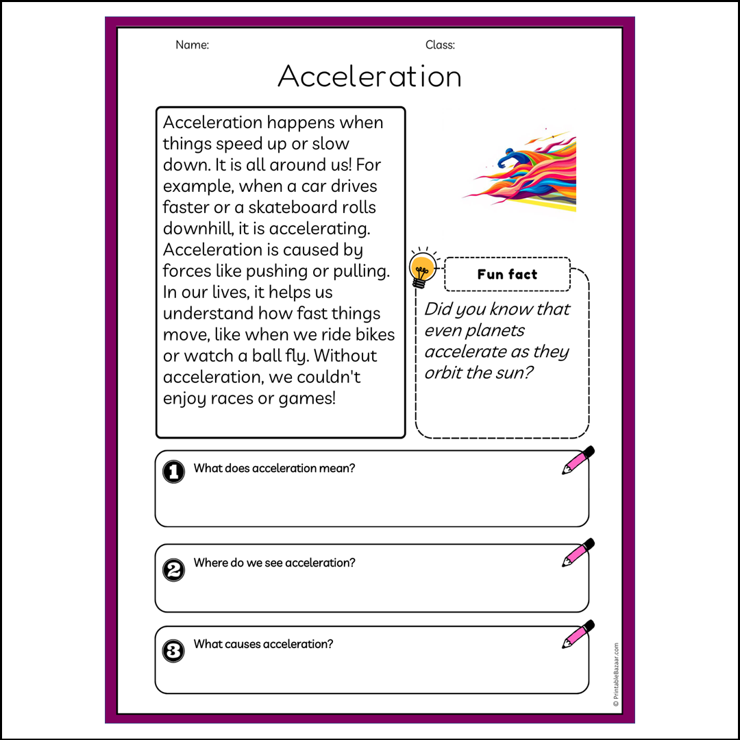 Acceleration | Reading Passage Comprehension Questions Writing Facts Worksheet