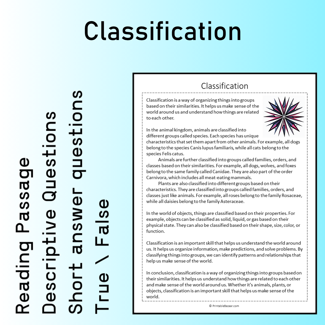 Classification | Reading Comprehension Passage Printable Worksheet