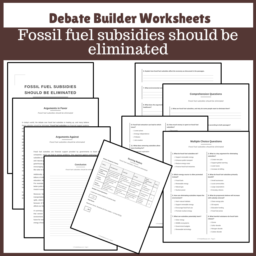 Fossil fuel subsidies should be eliminated | Favour and Against Worksheet Printable Activity