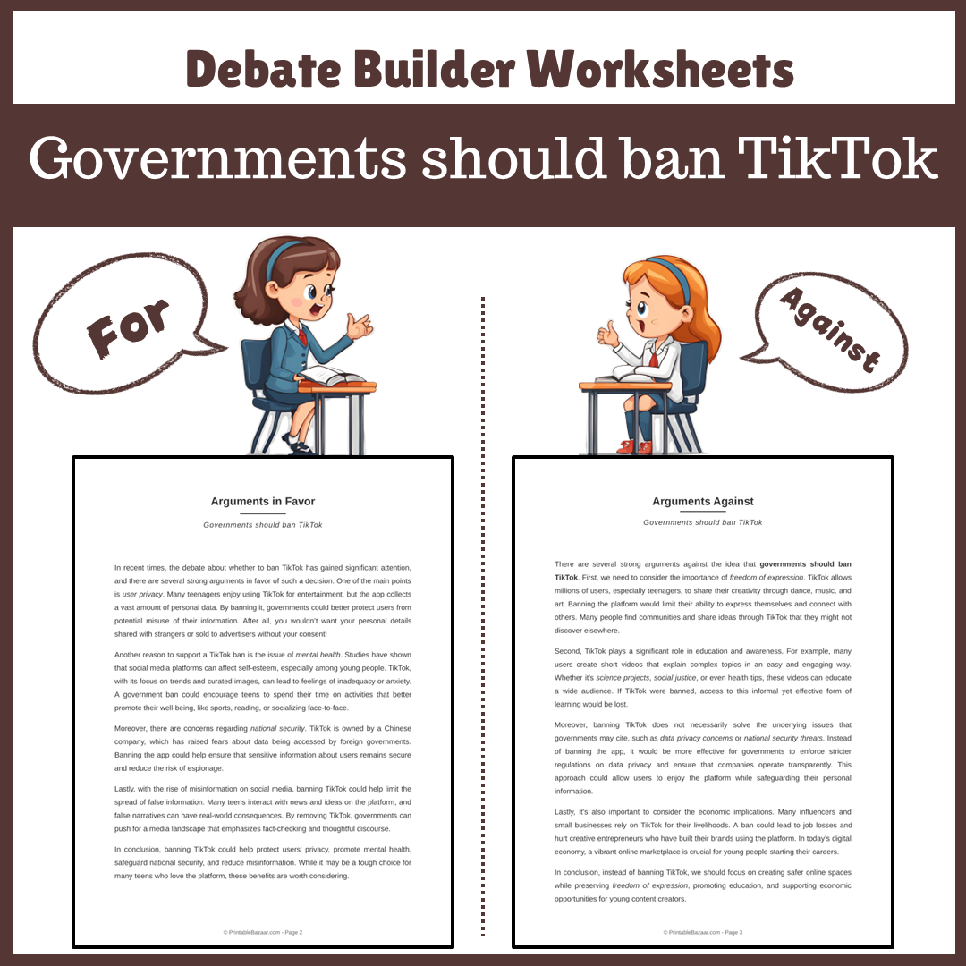 Governments should ban TikTok | Favour and Against Worksheet Printable Activity