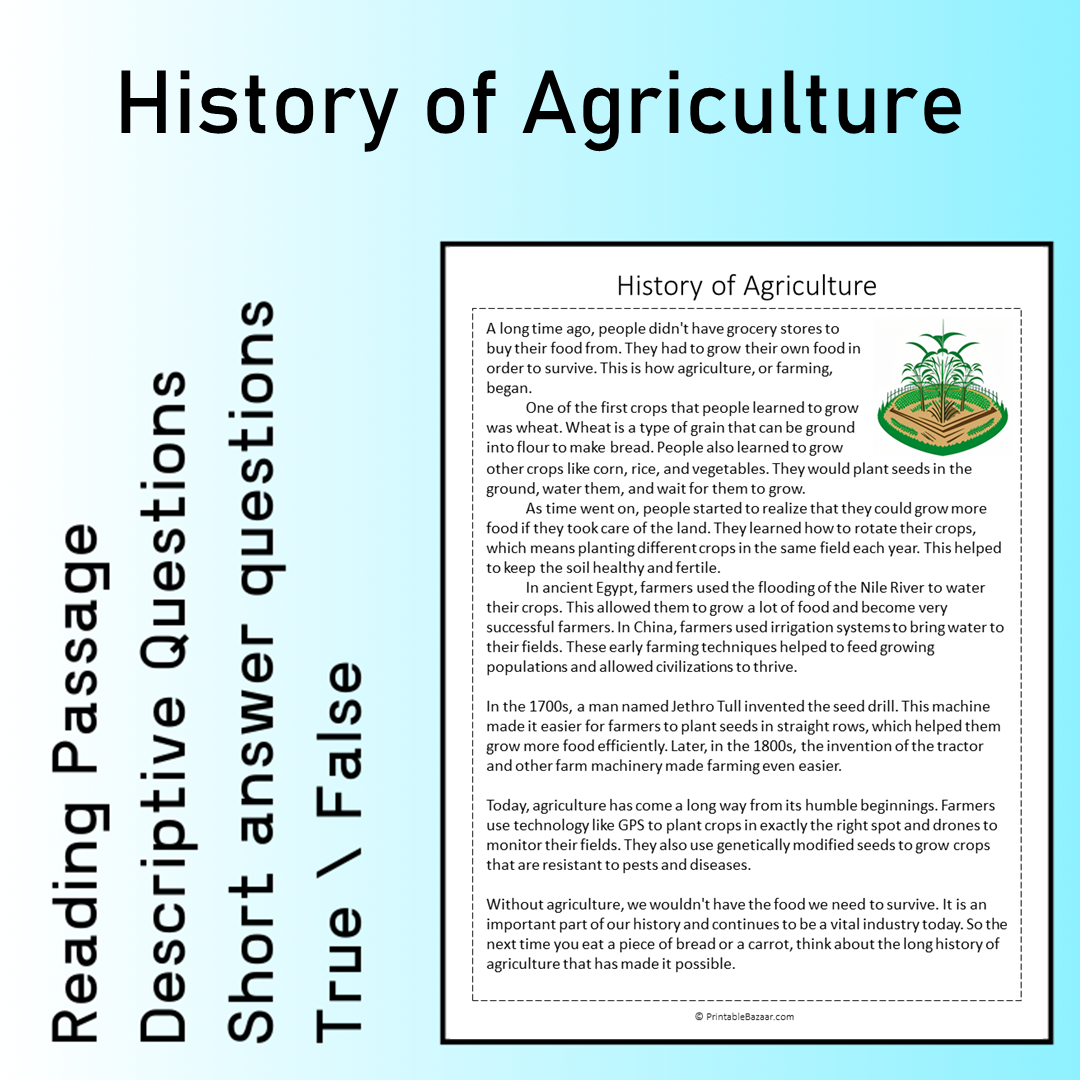 History of Agriculture | Reading Comprehension Passage Printable Worksheet