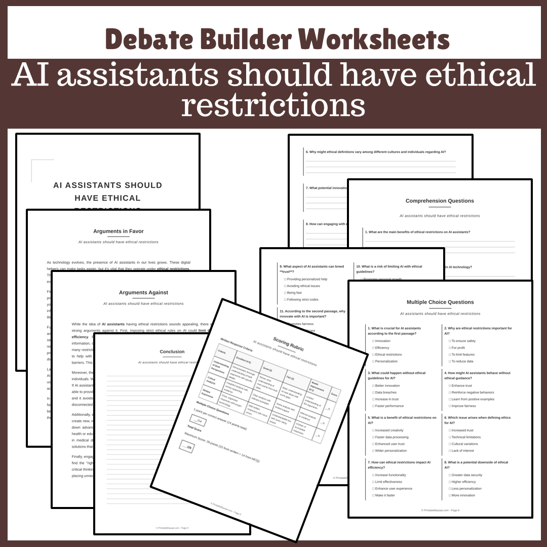 AI assistants should have ethical restrictions | Favour and Against Worksheet Printable Activity