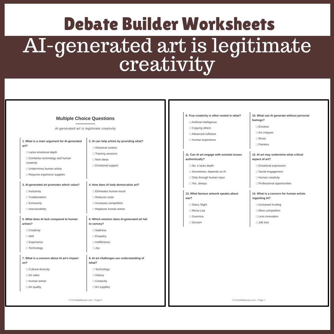 AI-generated art is legitimate creativity | Favour and Against Worksheet Printable Activity
