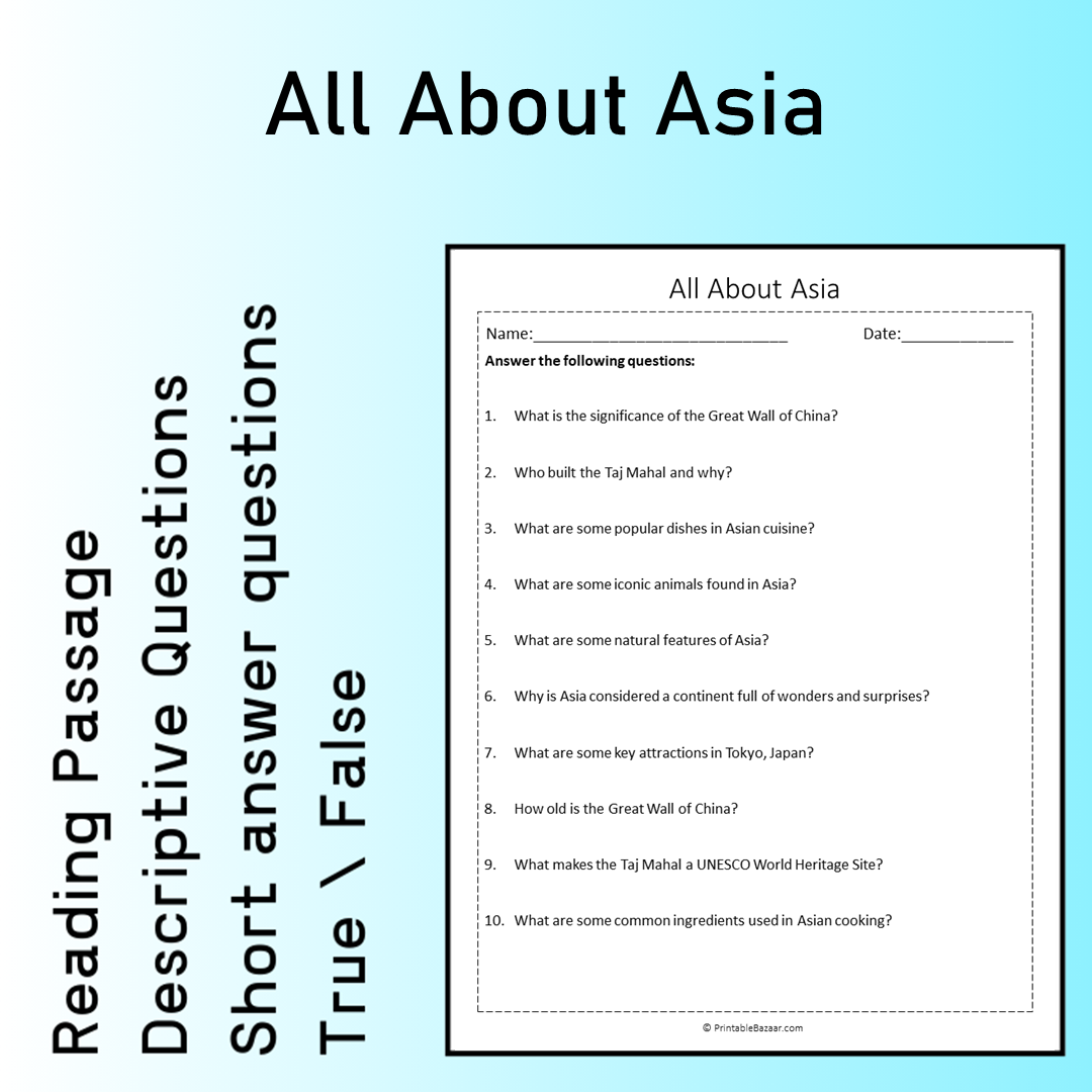 All About Asia | Reading Comprehension Passage Printable Worksheet