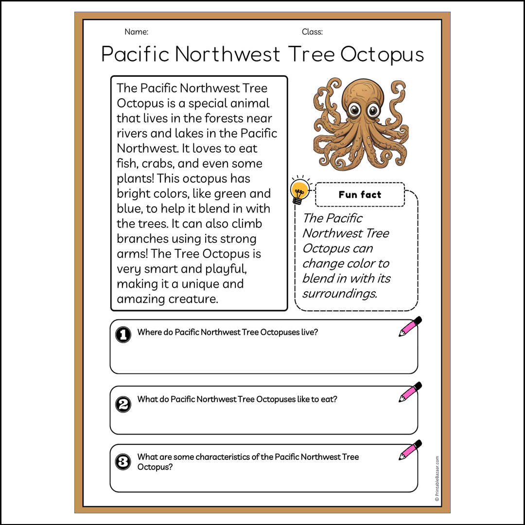 Pacific Northwest Tree Octopus | Reading Passage Comprehension Questions Writing Facts Worksheet