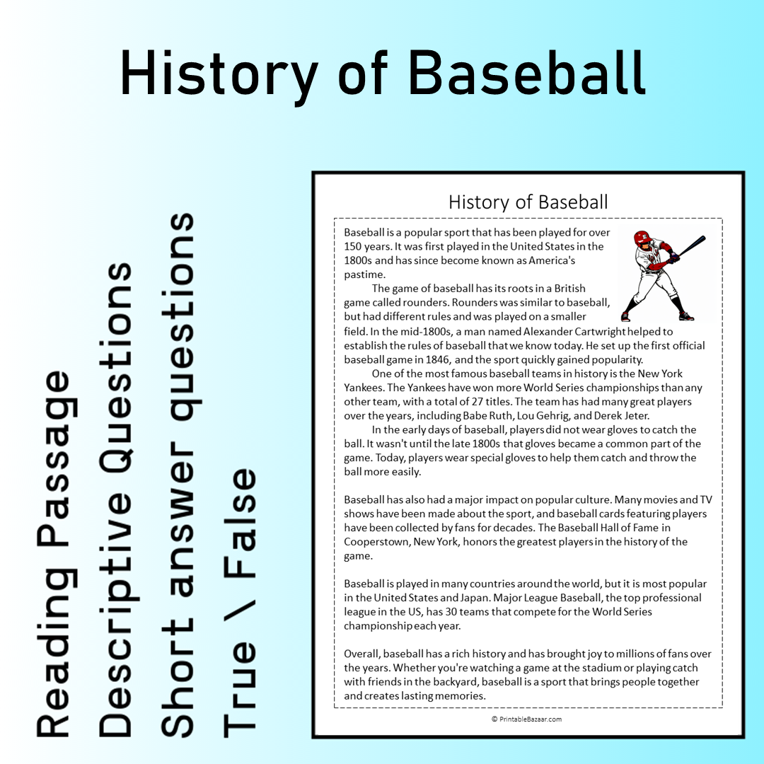 History of Baseball | Reading Comprehension Passage Printable Worksheet