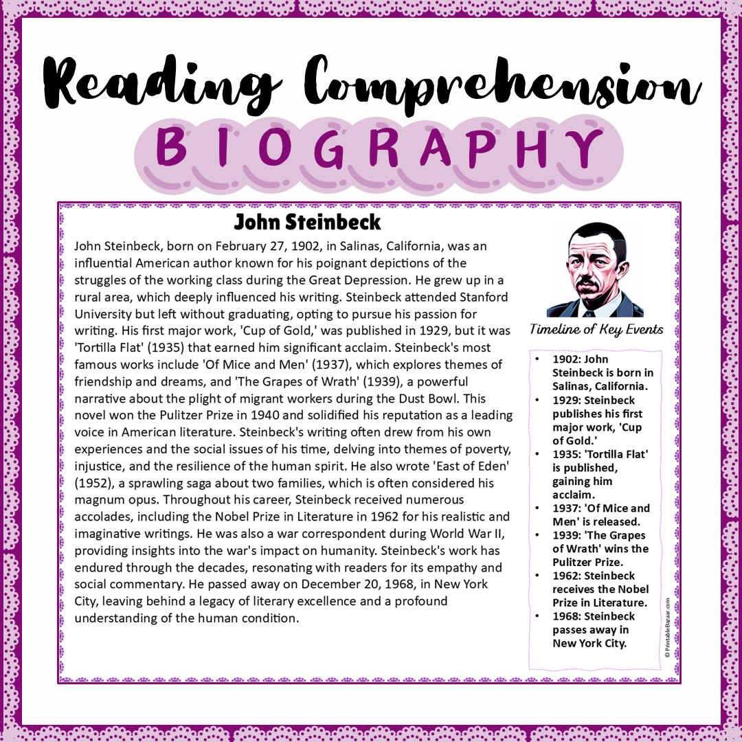John Steinbeck | Biography Reading Comprehension and Questions Worksheet