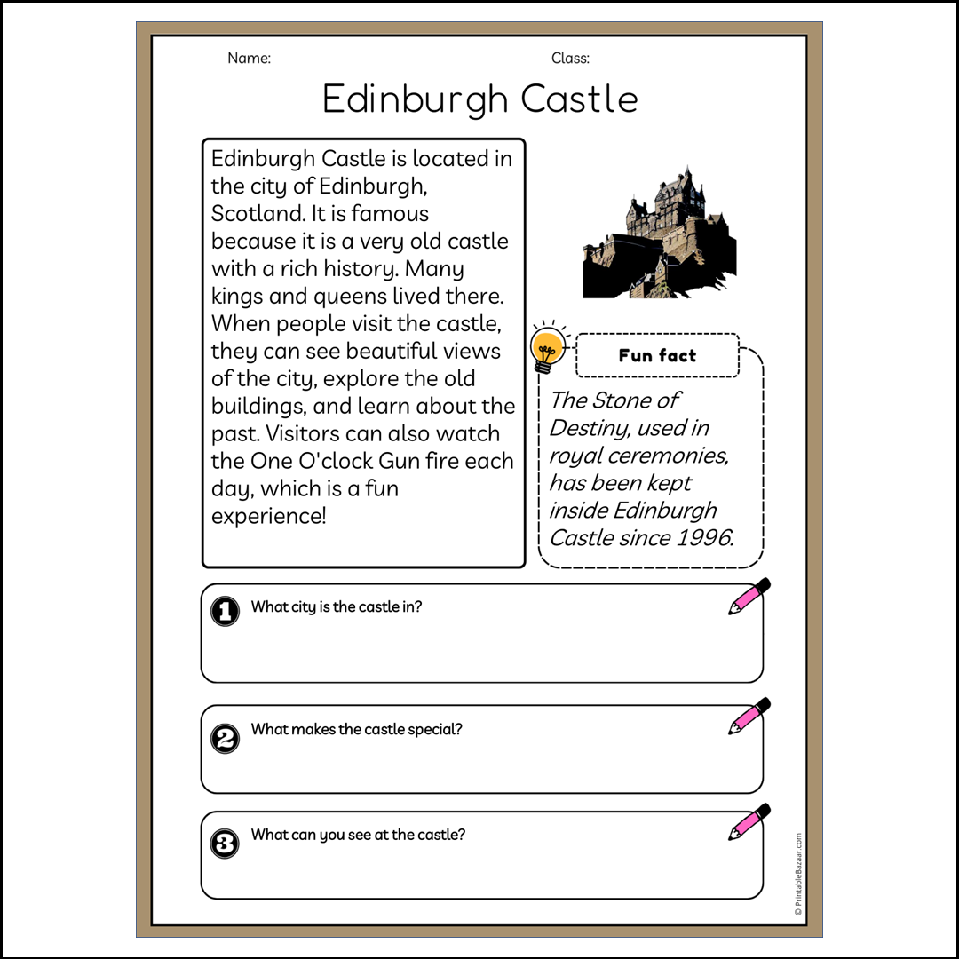 Edinburgh Castle | Reading Passage Comprehension Questions Writing Facts Worksheet
