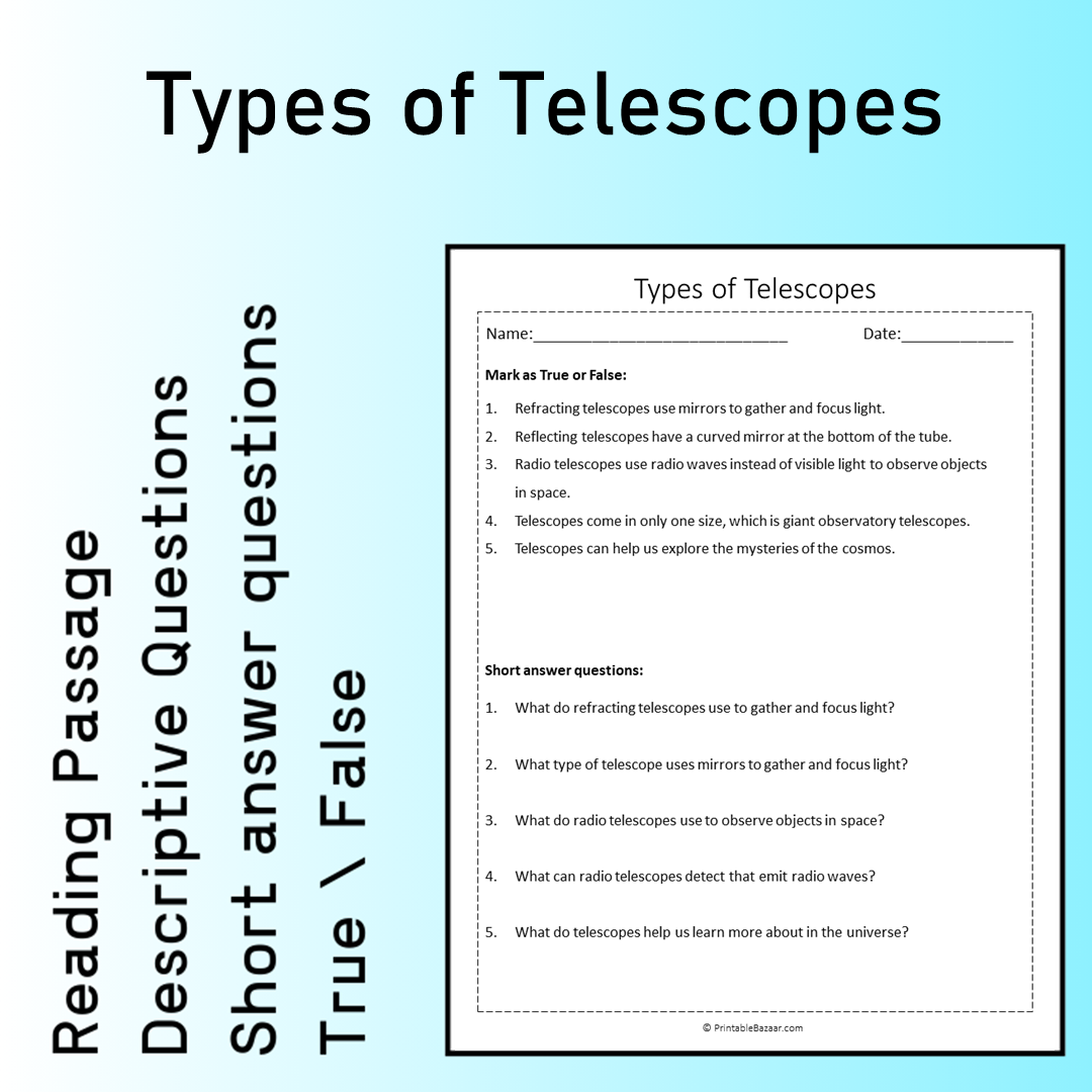 Types of Telescopes | Reading Comprehension Passage Printable Worksheet