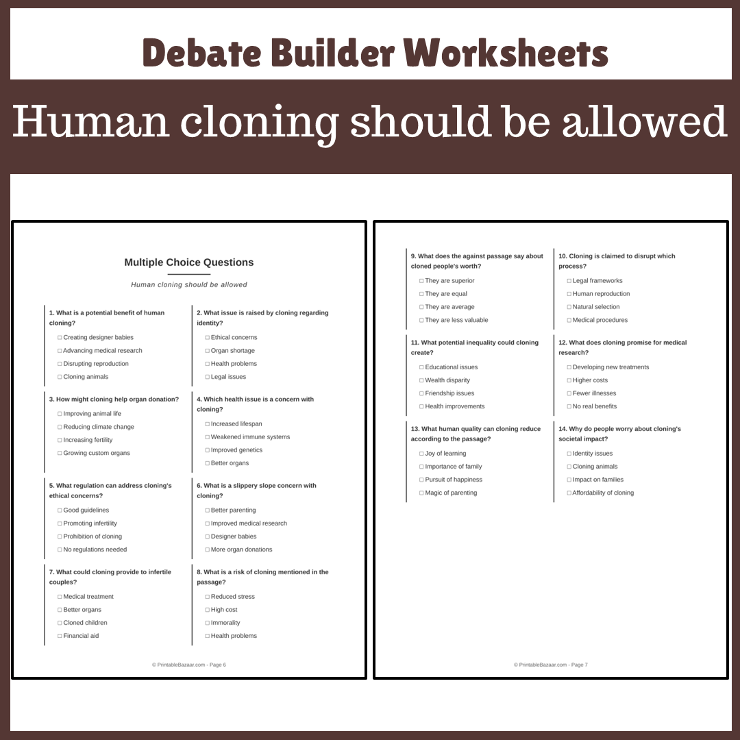 Human cloning should be allowed | Favour and Against Worksheet Printable Activity