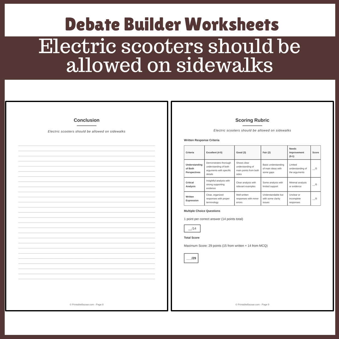 Electric scooters should be allowed on sidewalks | Favour and Against Worksheet Printable Activity