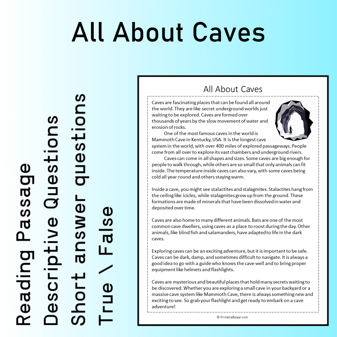 All About Caves | Reading Comprehension Passage Printable Worksheet