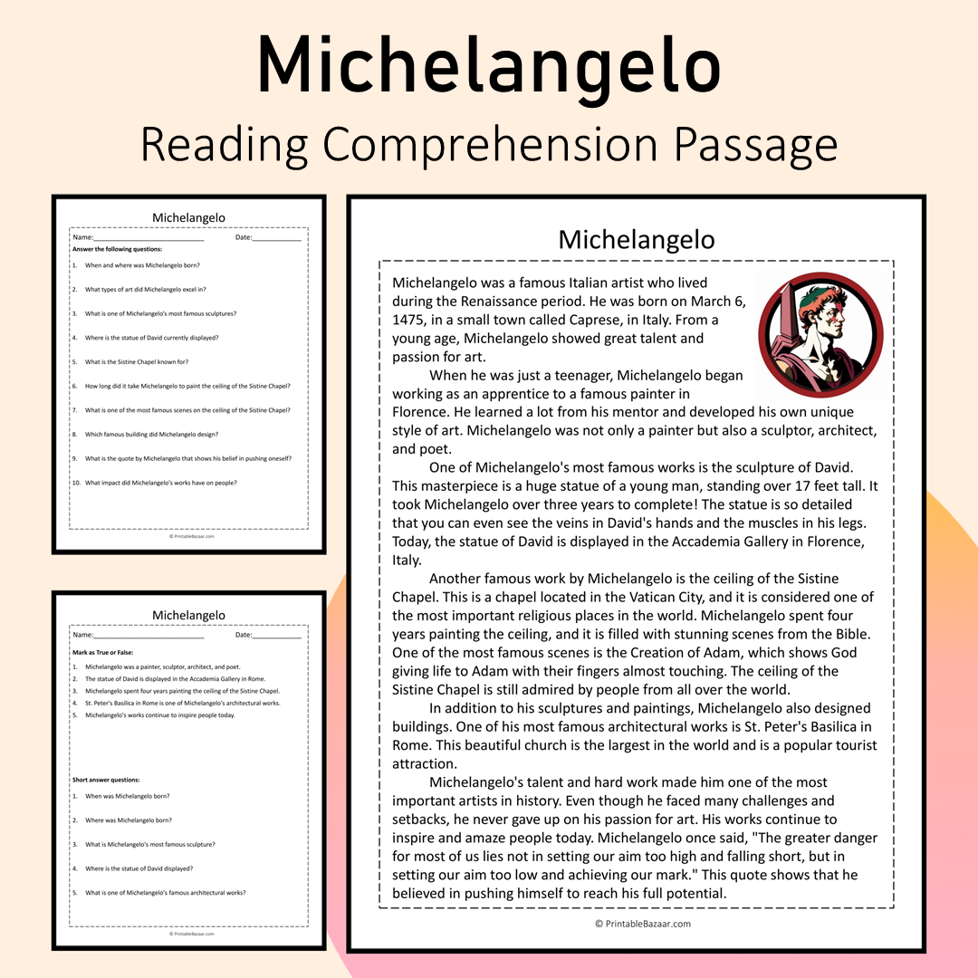 Michelangelo | Reading Comprehension Passage Printable Activity