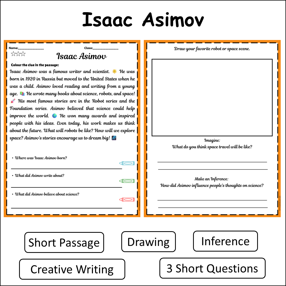 Isaac Asimov | Short Reading Comprehension Creative Worksheet