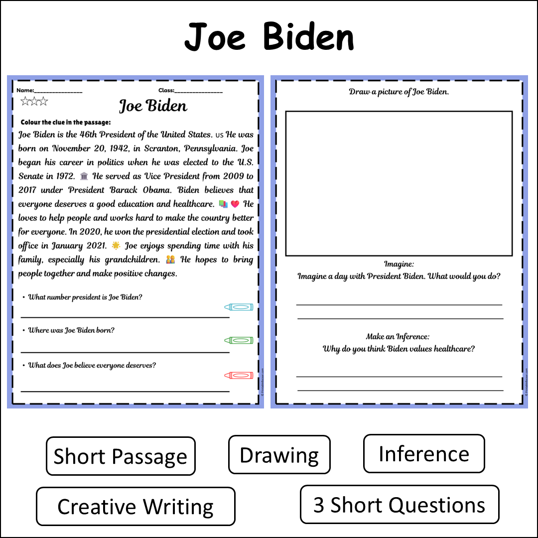 Joe Biden | Short Reading Comprehension Creative Worksheet