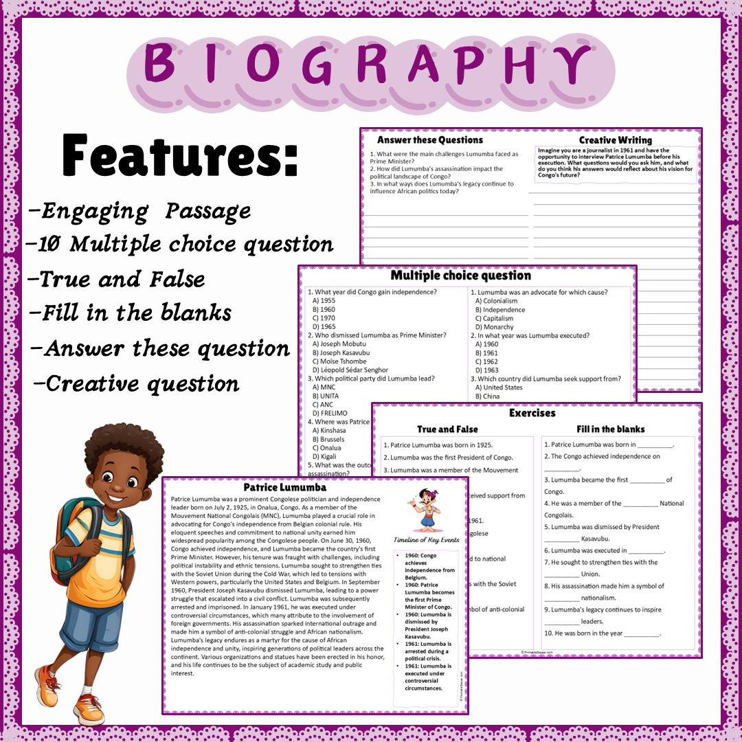 Patrice Lumumba | Biography Reading Comprehension and Questions Worksheet