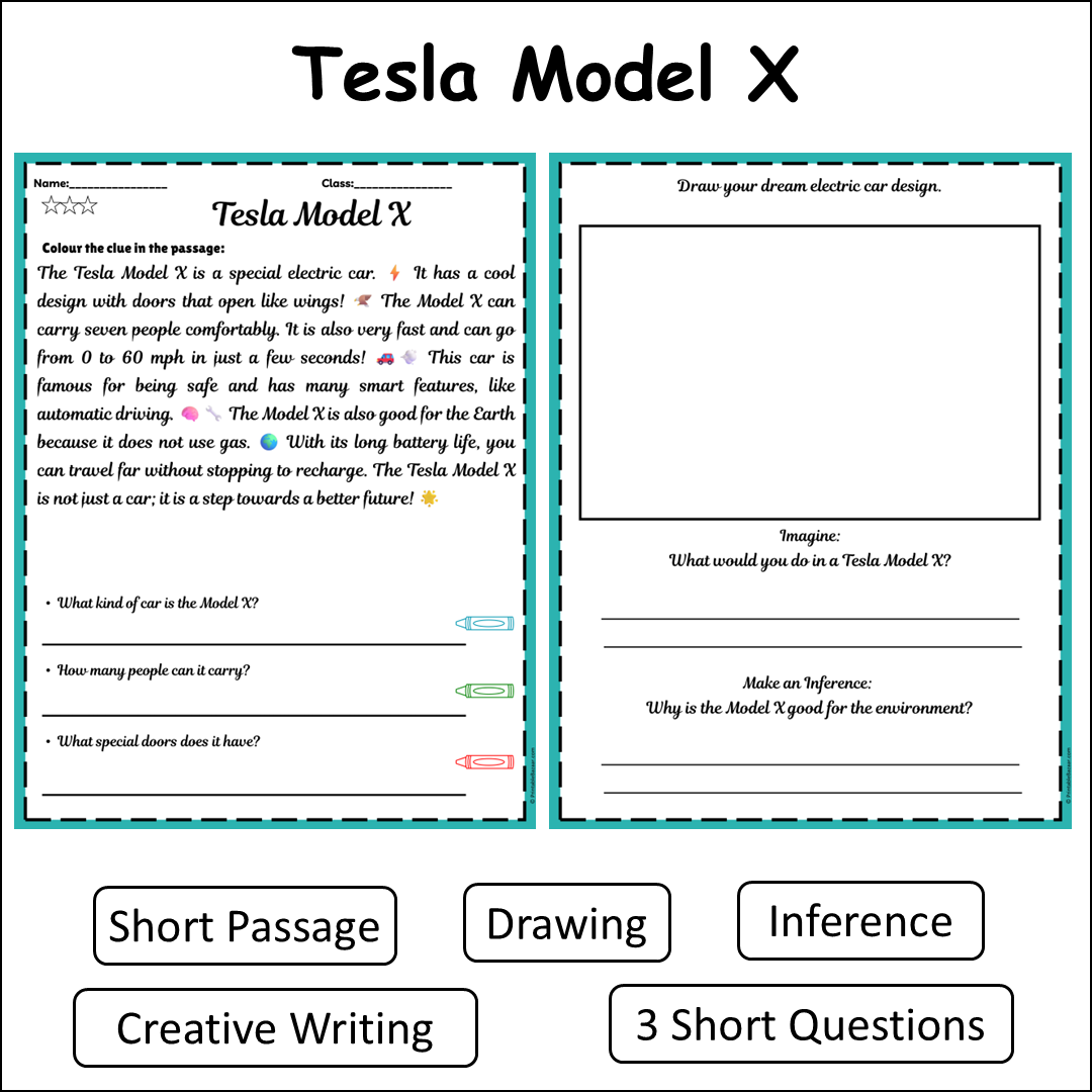 Tesla Model X | Short Reading Comprehension Creative Worksheet