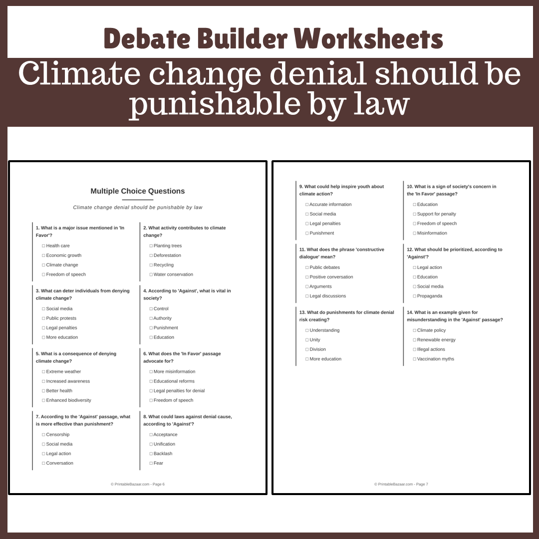 Climate change denial should be punishable by law | Favour and Against Worksheet Printable Activity
