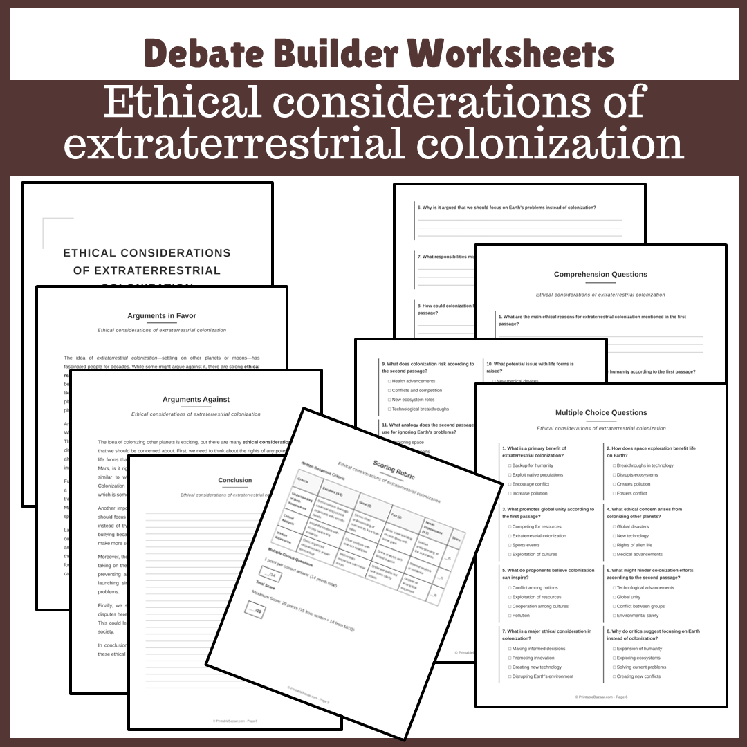 Ethical considerations of extraterrestrial colonization | Favour and Against Worksheet Printable Activity