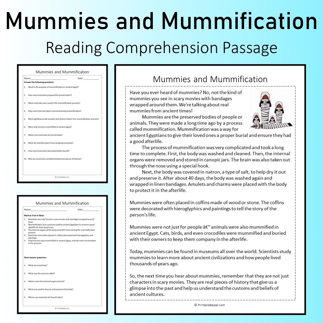 Mummies and Mummification | Reading Comprehension Passage Printable Worksheet