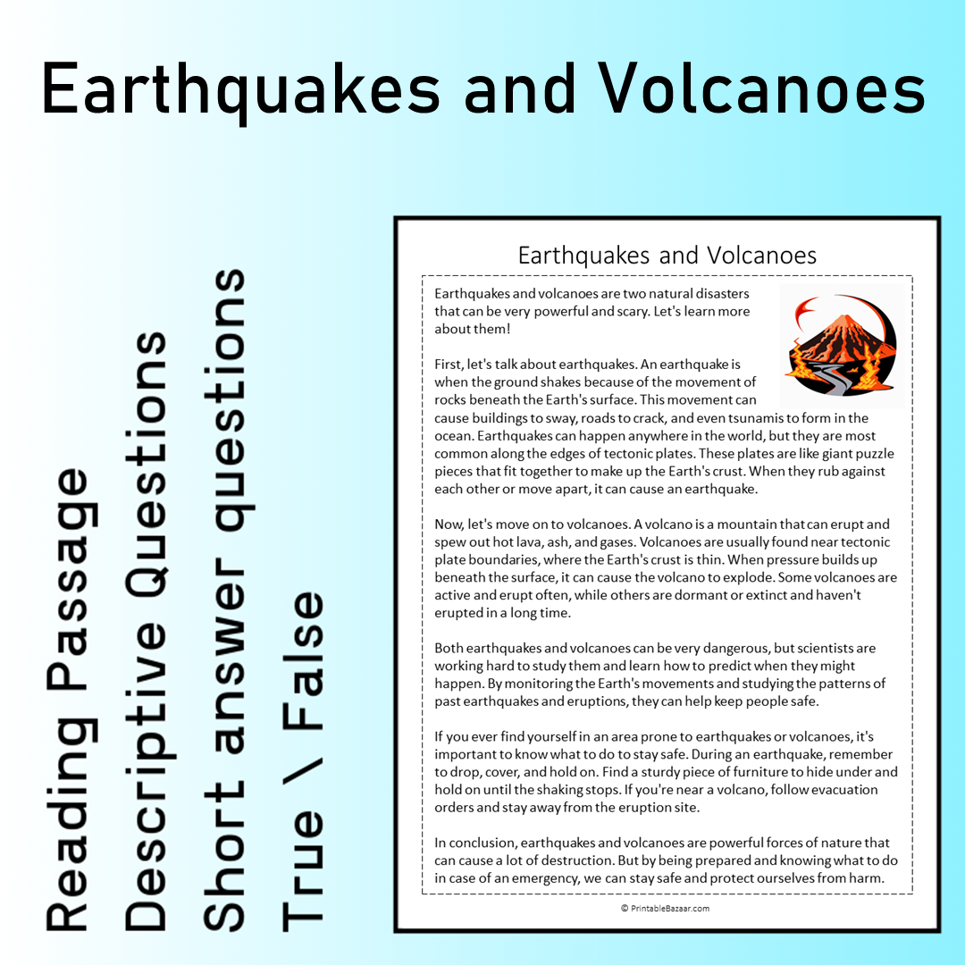 Earthquakes and Volcanoes | Reading Comprehension Passage Printable Worksheet