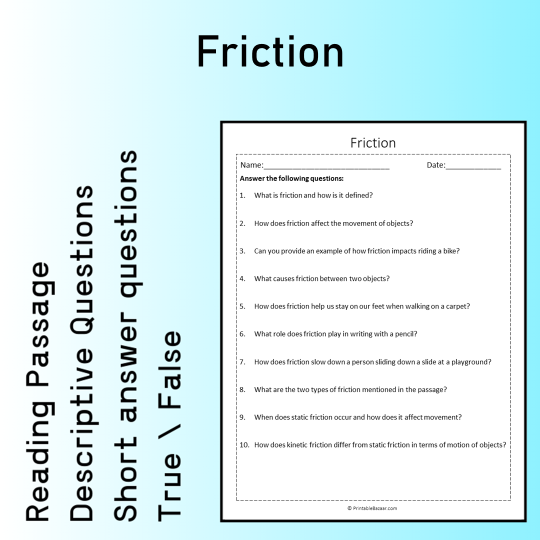 Friction | Reading Comprehension Passage Printable Worksheet