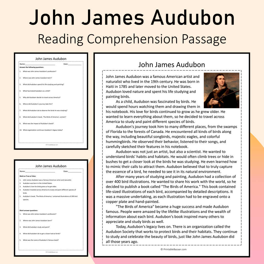 John James Audubon | Reading Comprehension Passage Printable Activity