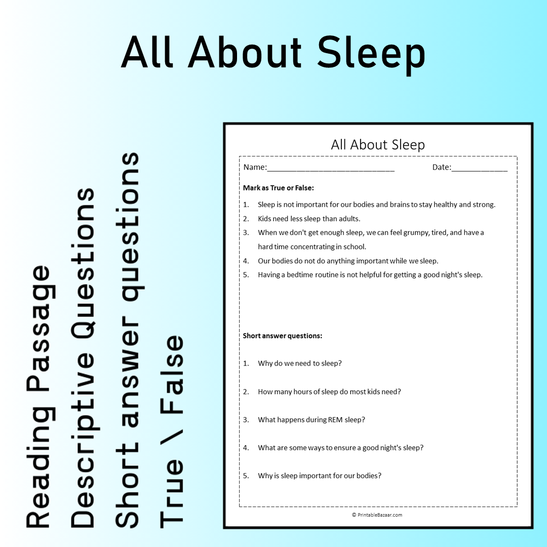 All About Sleep | Reading Comprehension Passage Printable Worksheet
