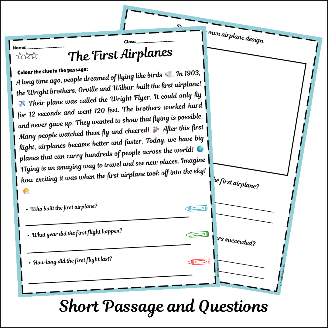 The First Airplanes | Short Reading Comprehension Creative Worksheet