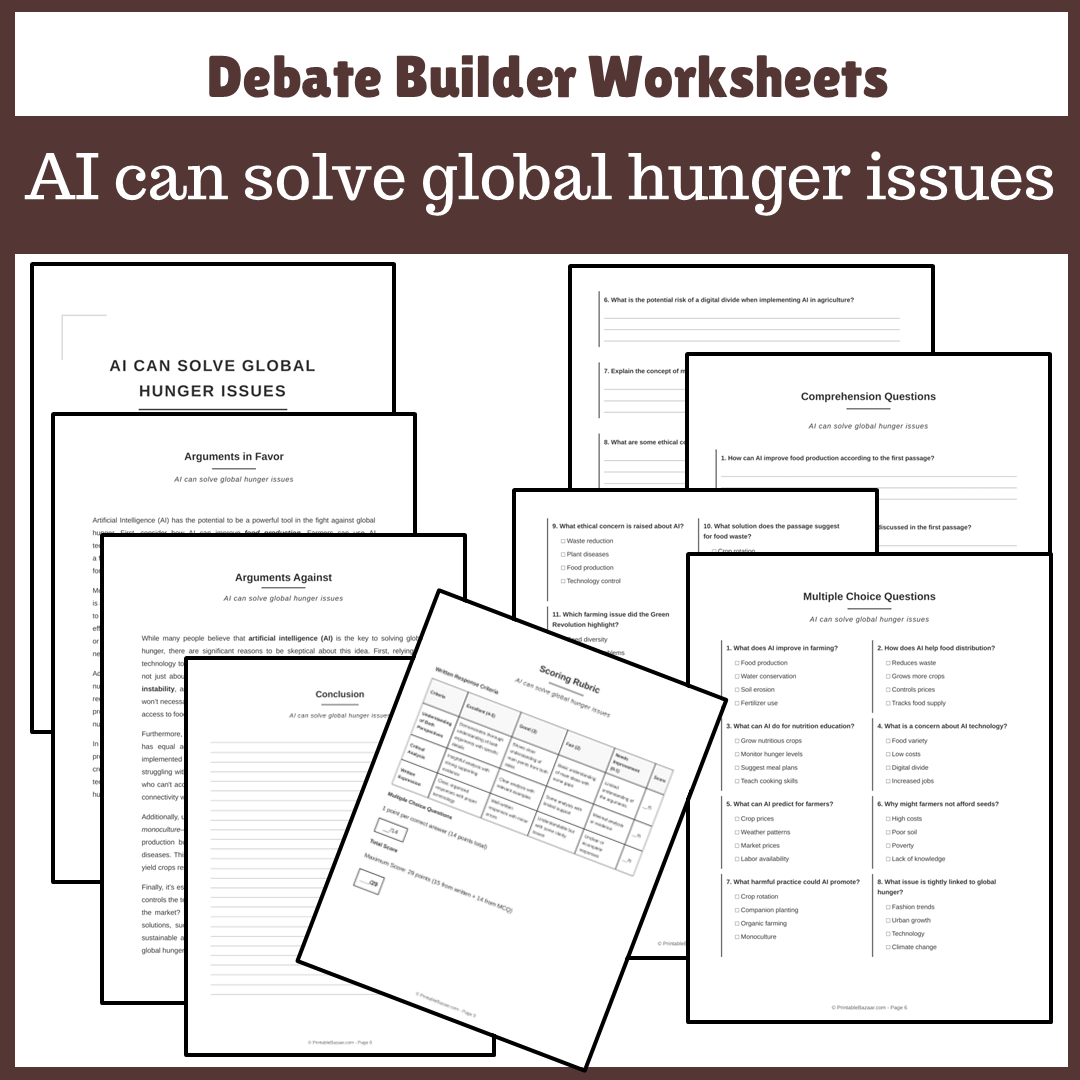 AI can solve global hunger issues | Favour and Against Worksheet Printable Activity