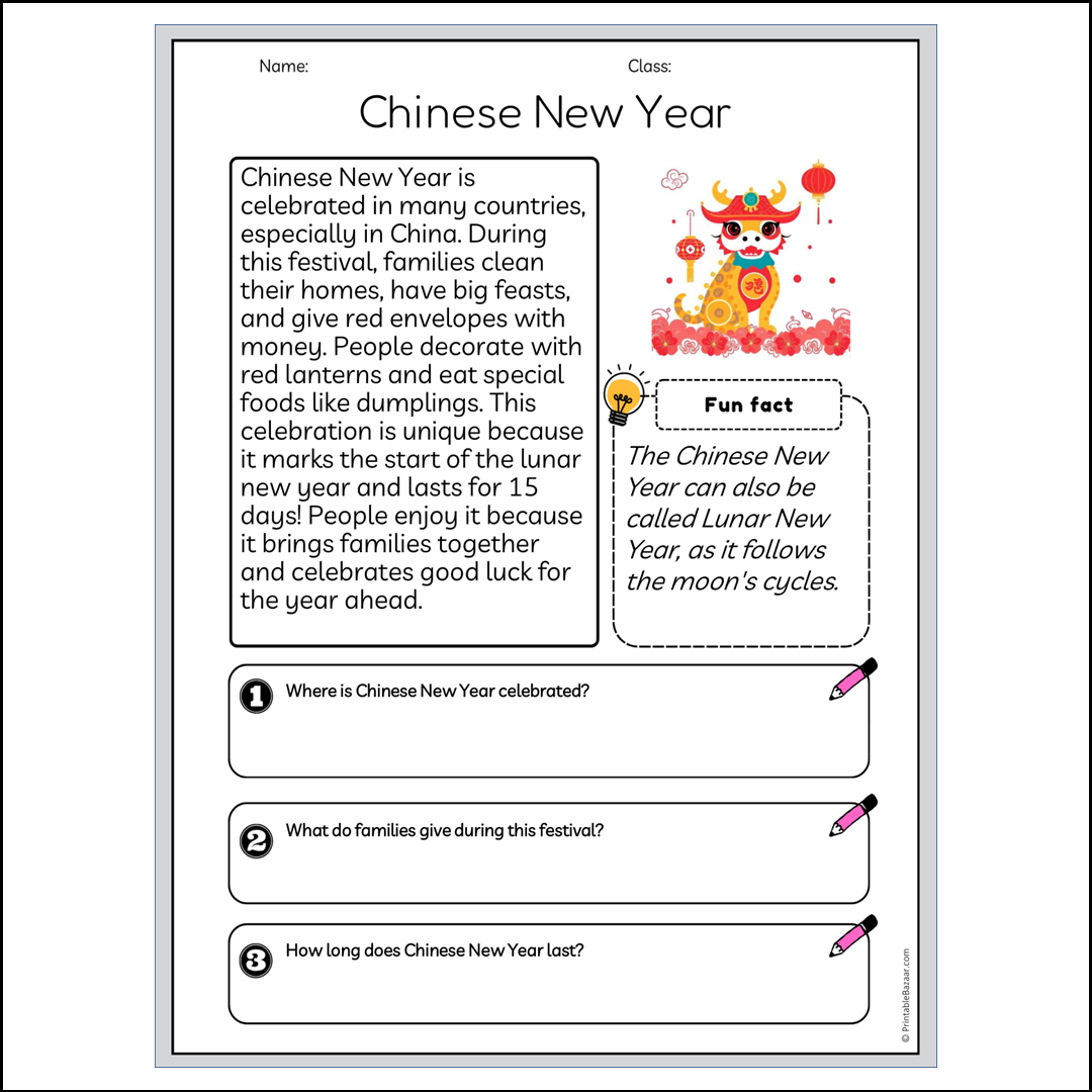 Chinese New Year | Reading Passage Comprehension Questions Writing Facts Worksheet