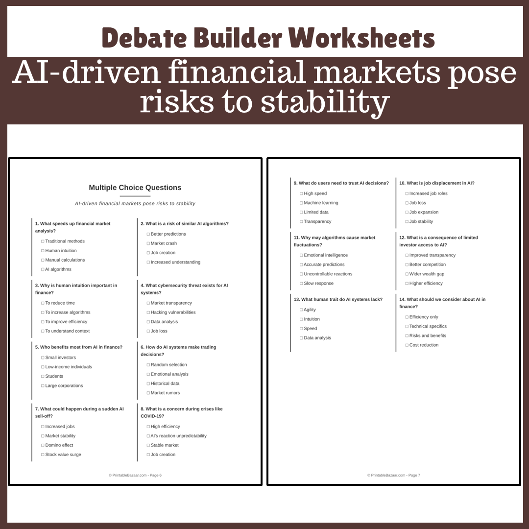 AI-driven financial markets pose risks to stability | Favour and Against Worksheet Printable Activity