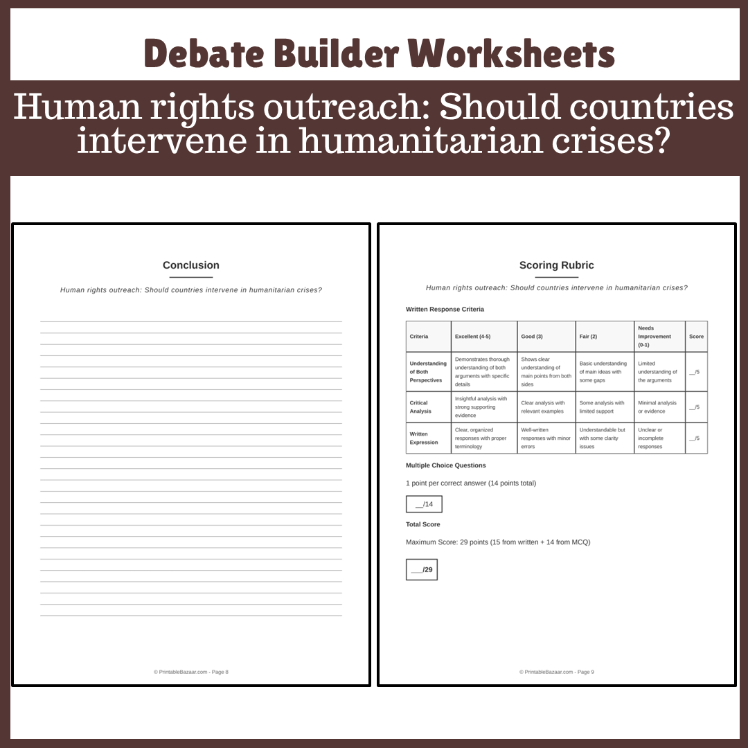 Human rights outreach: Should countries intervene in humanitarian crises? | Favour and Against Worksheet Printable Activity
