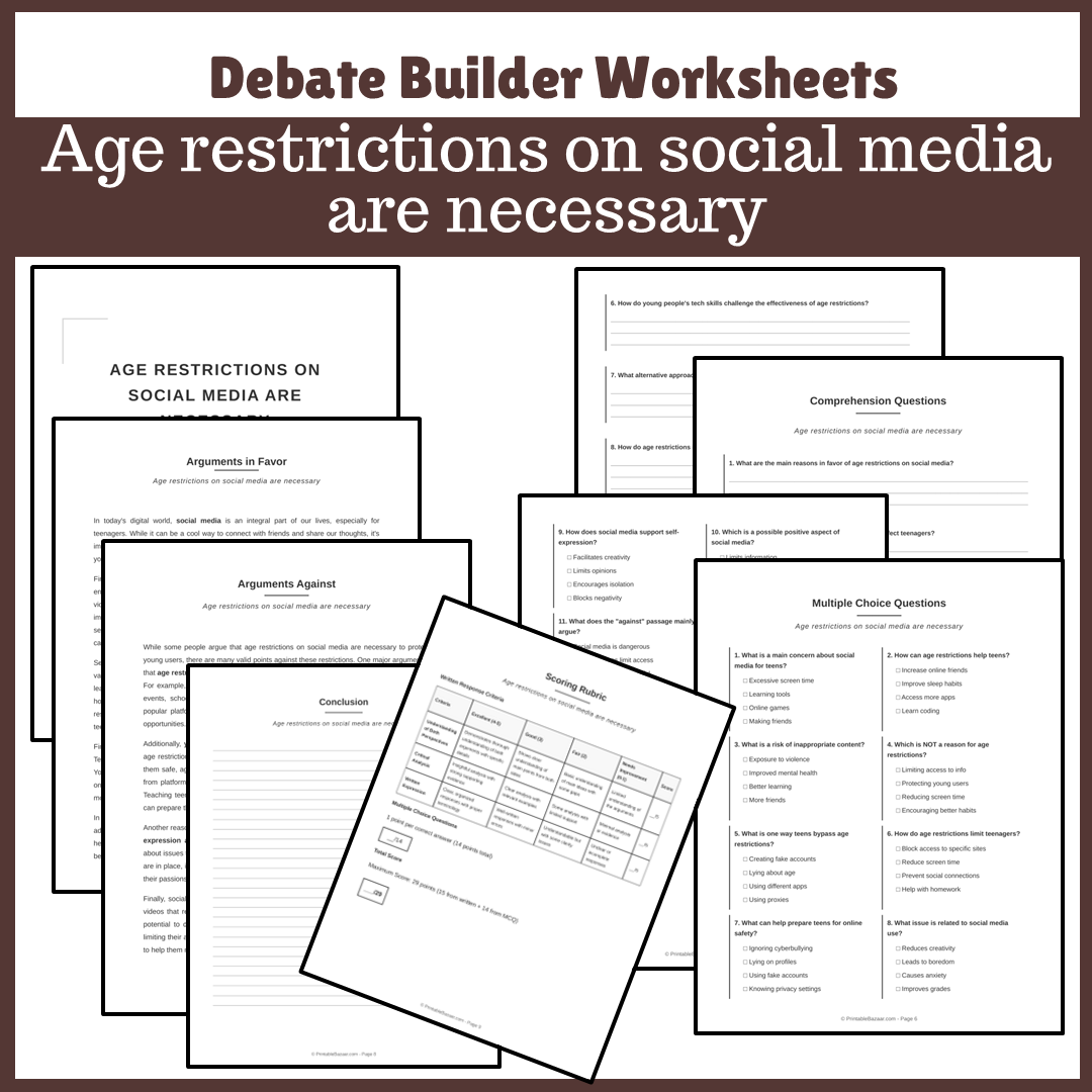 Age restrictions on social media are necessary | Favour and Against Worksheet Printable Activity